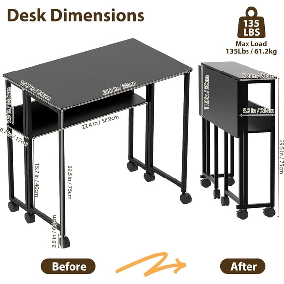 Acekid 31.5 Inch Folding Table with Storage Shelf - Foldable Small Computer Desk with Wheels, Black
