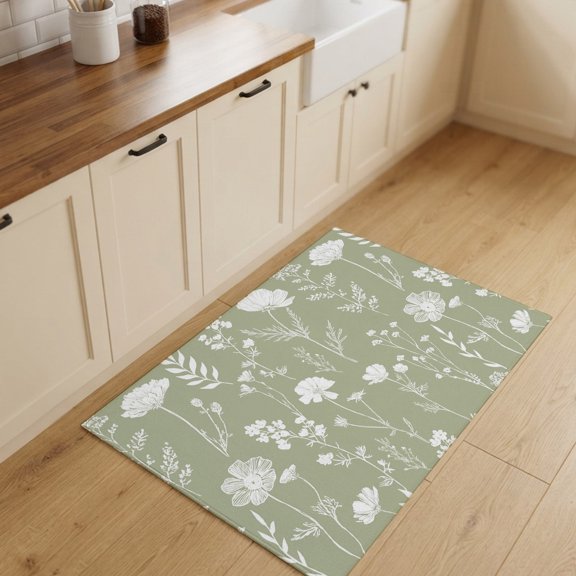 2x3ft Rectangle Rug,Abstract Flower Sage Green Washable Area Rugs Non-Slip Accent Rug Country Plant Wildflower Soft Circle Carpet for Living Room Bedroom Home Office Decor