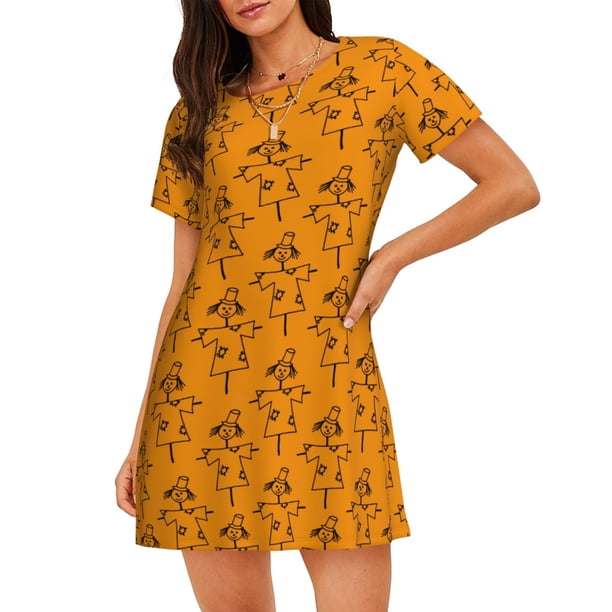 Easygdp Fall Cute Simple Scarecrow Camisón de manga corta para mujer, informal, estampado