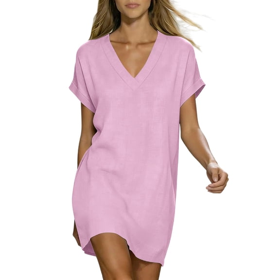 Kukoosong Women's V Neck Short Sleeve T-Shirt Dress, Casual Loose Fit Mini Tunic Dress, Summer Dress for Women Beach Vacation
