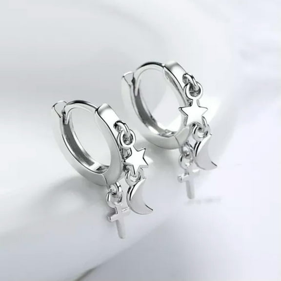 GKNET Womens 925 Silver Star Moon Cross Dangle Drop Hoop Huggie Earrings Gift-silver