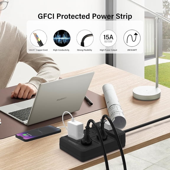 JUNCHI-GFCI Power Strip with 4 Outlets, 6.56 FT Heavy Duty Extension Cord(1875W/15A) with 30mA RCBO Circuit Breaker for Home/Factory Production Workshop/Garage/Indoor - Black