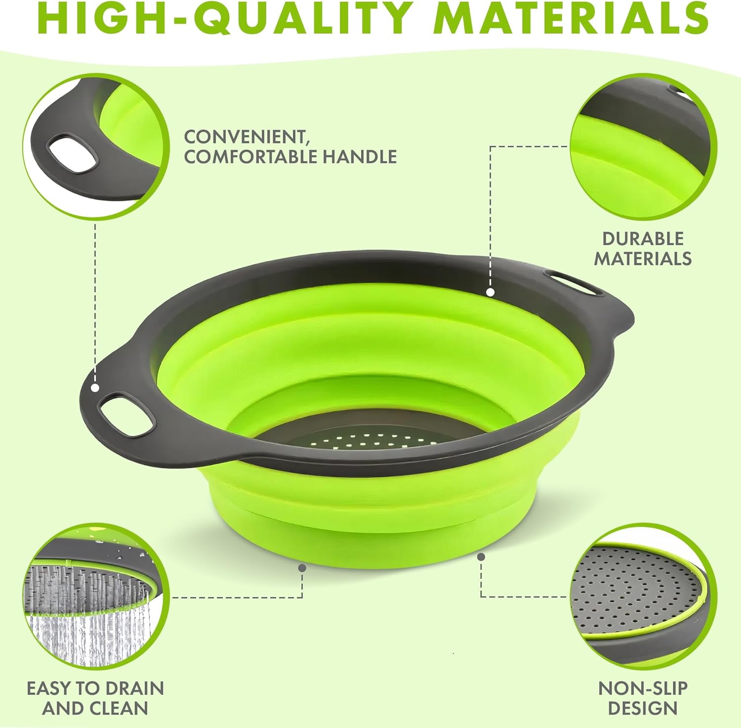 Collapsible Colander Set of 3 Round Silicone Kitchen Strainer Set - 2 pcs 4 Quart and 1 pcs 2 Quart- Perfect for Draining Pasta, Vegetable and fruit (green,blue, purple)