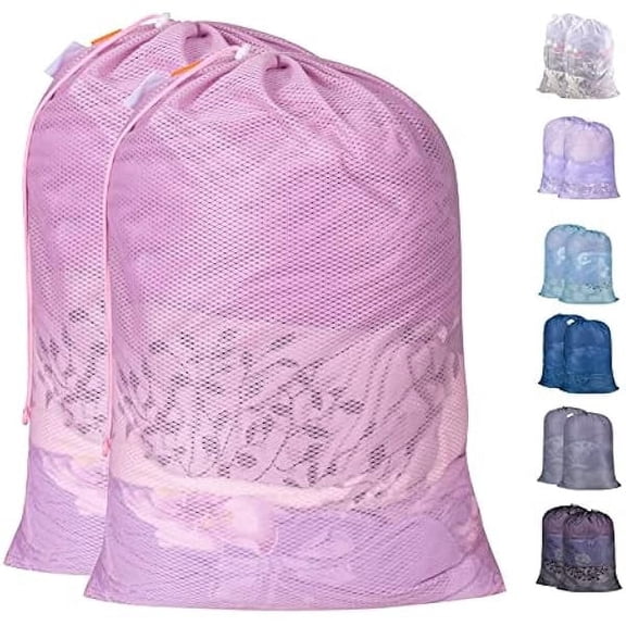 Heavy Duty Large Mesh Laundry Bags with ID Tag and Locking Drawstring Closure - 2 Pack, 24 x 36 inches - Laundry Hamper Liner, Washable Laundry Bag for Travel, Sports, Dorms (Pink)