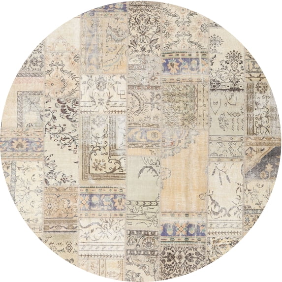 Ahgly Company Indoor Round Contemporary Light French Beige Brown Patchwork Area Rugs, 6' Round