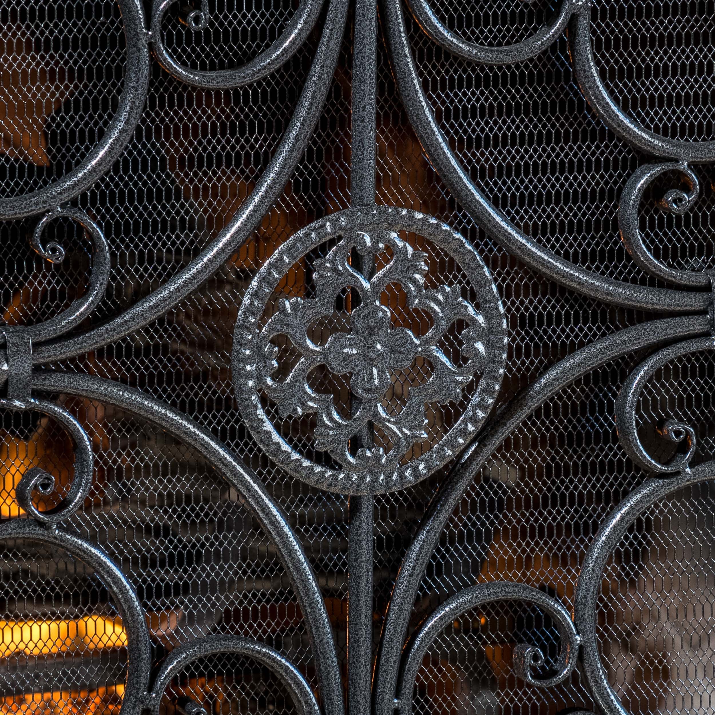 Noble House Crenshaw Iron Fireplace Screen, Silver Flower on Black