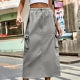 thumbnail image 2 of Women Drawstring Denim Cargo Skirt Elastic Waist Maxi Skirt Streetwear Hip Hop Baggy Skirt with Pockets Gray,M, 2 of 6