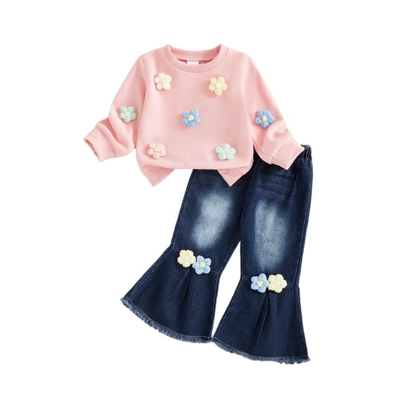 Miaouyo Toddler Baby Girl Fall Spring Outfits 6 12 18 24 Months 2T 3T Crochet Flower Long Sleeve Round Neck Pullover   Elastic Waist Denim Flare Pants Set