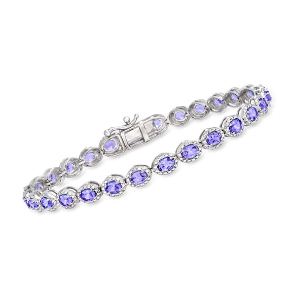 Ross-Simons 5.00 ct. t.w. Tanzanite and .10 ct. t.w. Diamond Tennis Bracelet in Sterling Silver, Women's, Adult