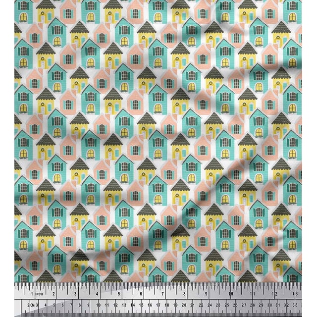 Soimoi White Rayon Fabric House Architectural Print Sewing Fabric Yard 42 Inch Wide