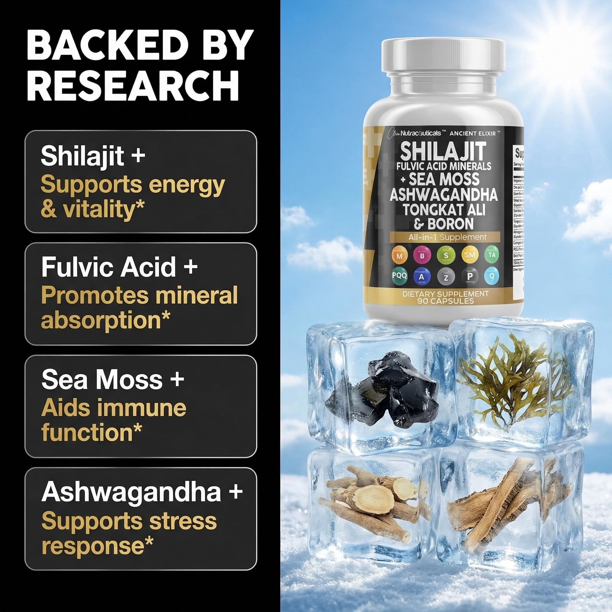 Clean Nutraceuticals Shilajit Supplement for Men with Sea Moss, Tongkat Ali, Ashwagandha, Boron, Zinc, CoQ10, PQQ - Fulvic Acid Capsules - Energy Support - 90 Count - Resin, Gummy & Powder Alternativ