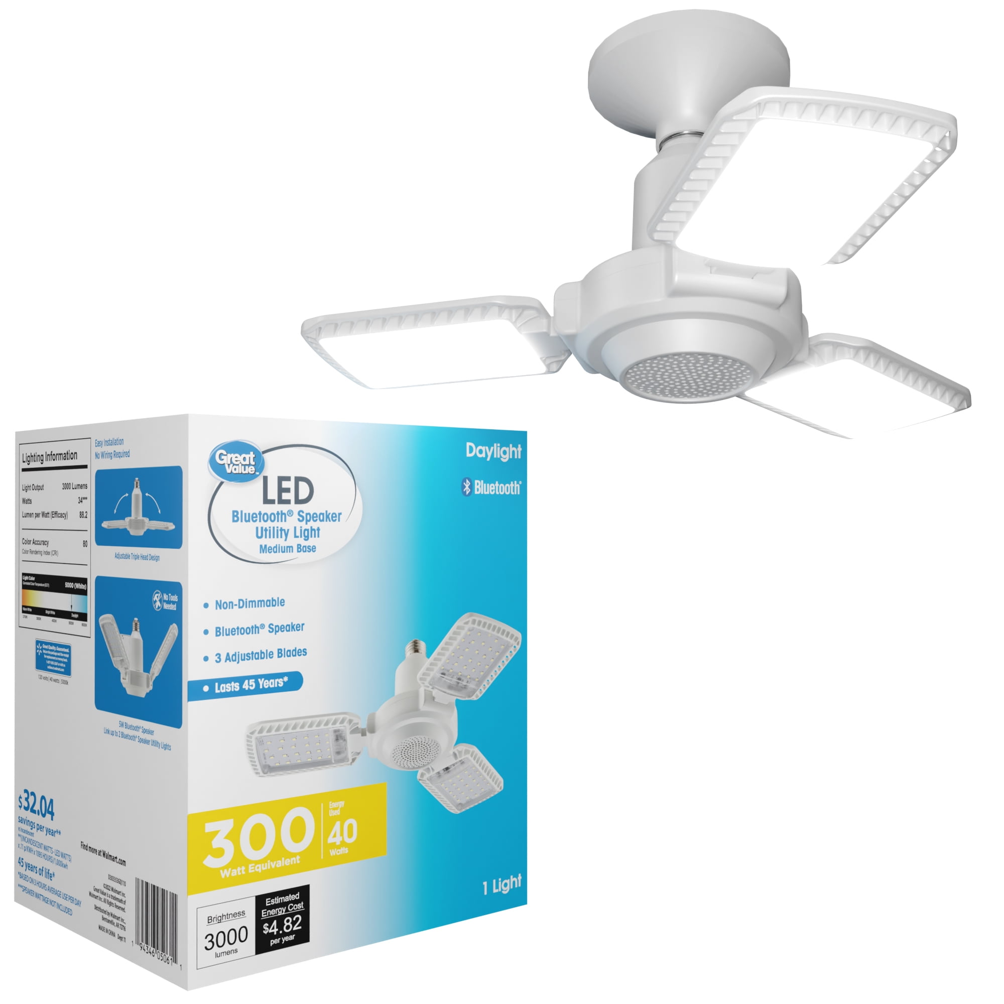 Great Value 3000 Lumen Deformable LED Garage Light with Bluetooth