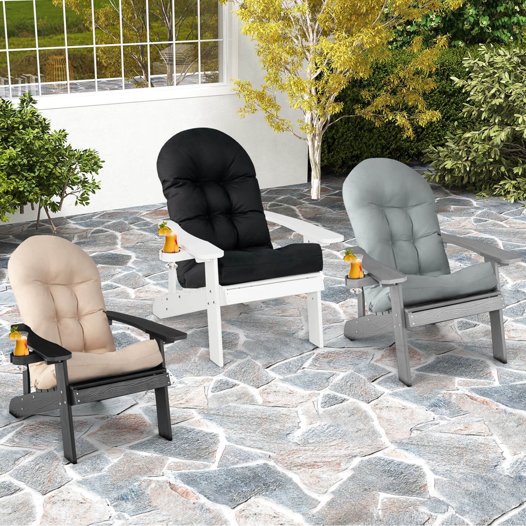 Costway Adirondack Chair HIPS Adirondack Chair with Cup Holder & Cushion Black
