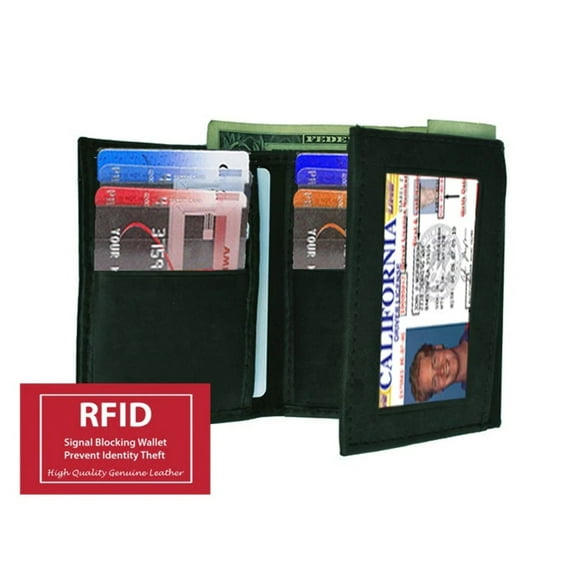Black RFID Blocking Handcrafted Genuine Leather Mens Trifold Wallet Front Pocket ID badge Holder