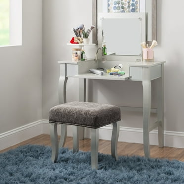 Linon 2 Piece Adult Modern Chic Flip-Top Mirror and Upholstered Stool Table Set Silver