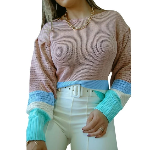 Gvmfive Women's Color Block Drop Shoulder Long Sleeve Round Neck Casual Sweater