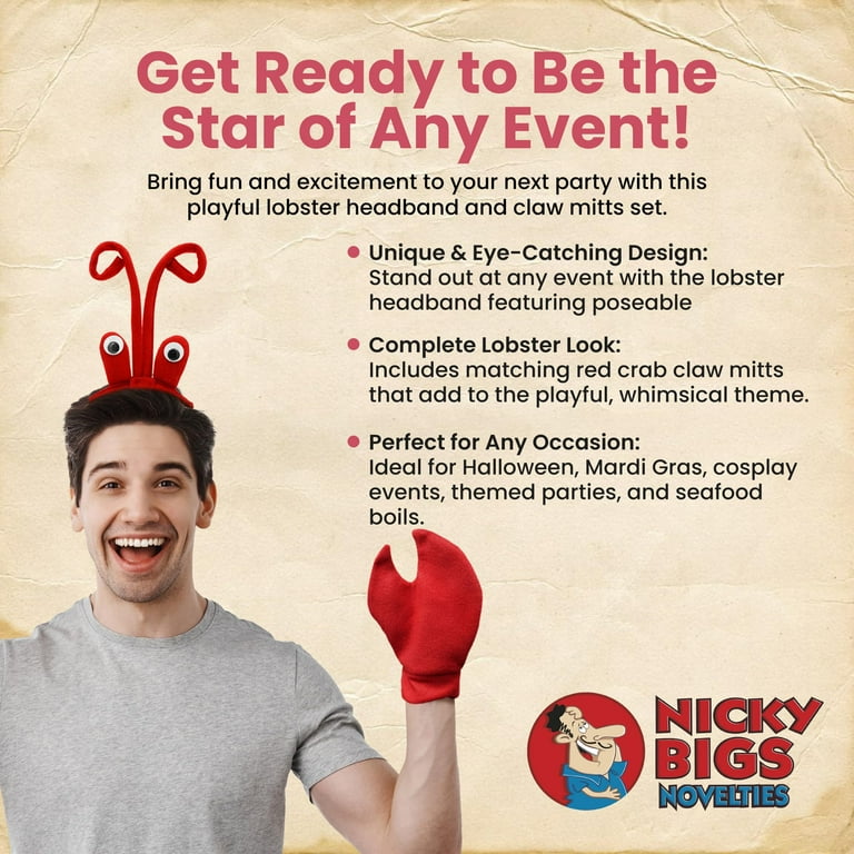 Nicky Bigs Novelties - Lobster Headband with Eyeballs, Adult Crab Costume Women and Men, Crawfish Headband and Claws, Crab Gloves Crawfish Hat Lobster Halloween Costume Set Red, One Size