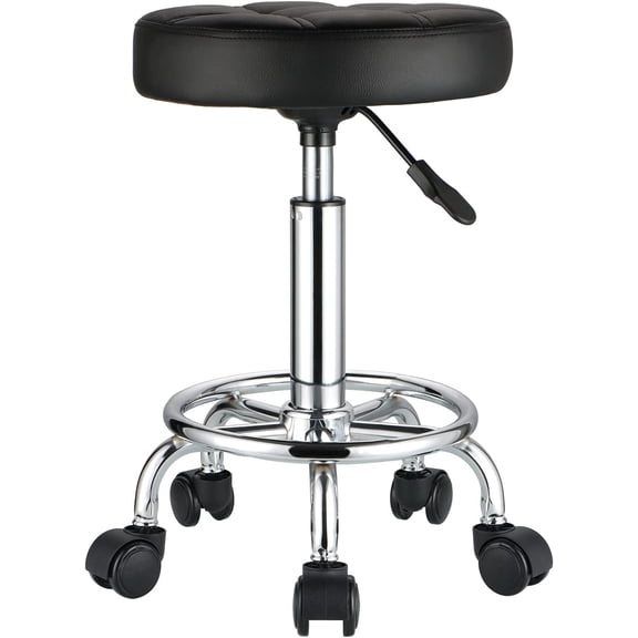 Round Rolling Stools PU Leather Seat Height Adjustable Swivel Stool with Wheels Black