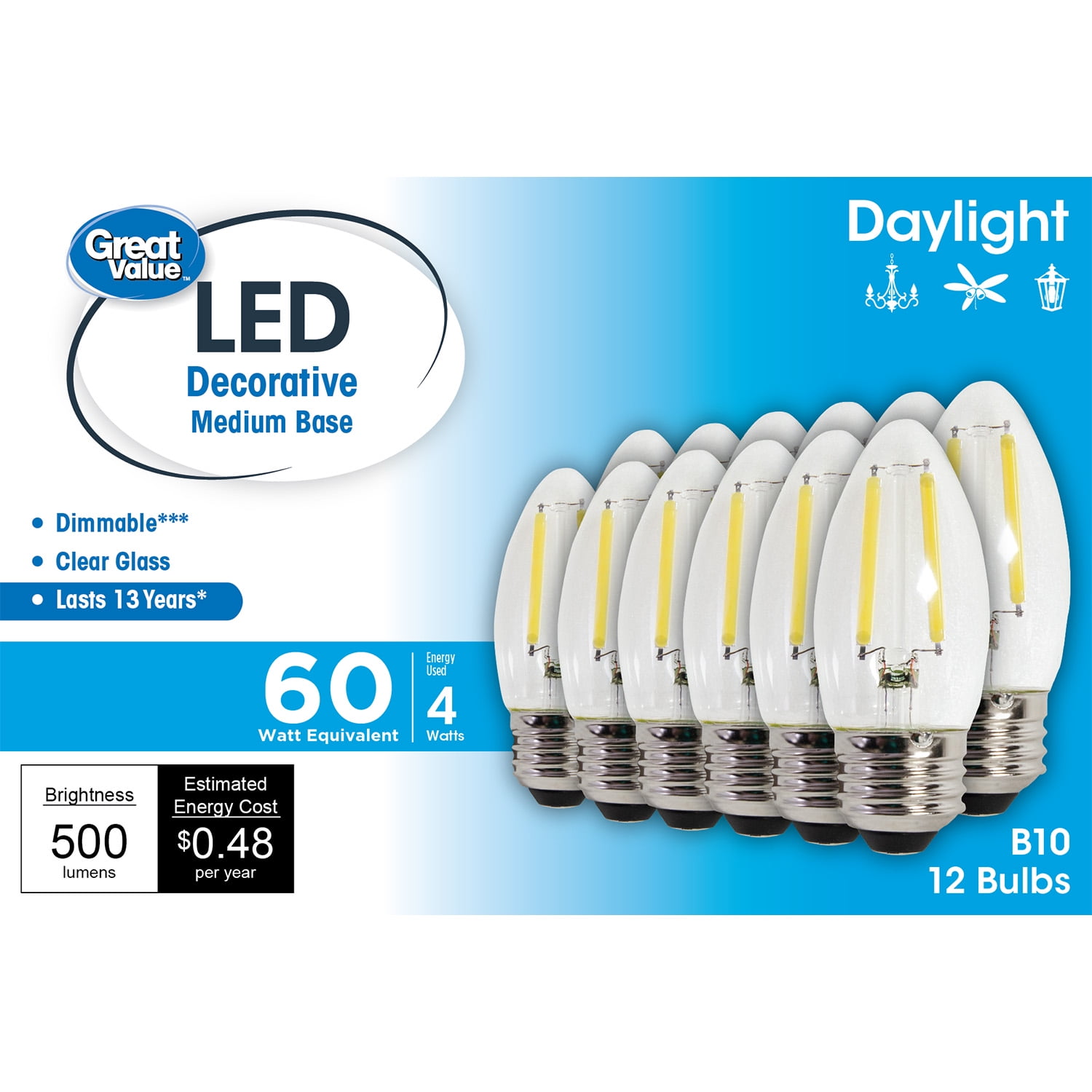Great Value LED, 4W (60W Eqv) B10 Deco Lamp E26 Medium Base, Dimmable, Daylight, 12pk