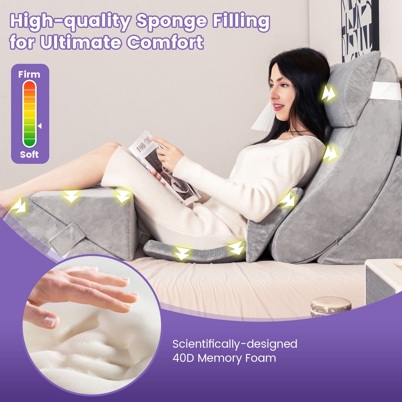 Infans 7PCS Bed Wedge Pillow Set Adjustable Back Neck Leg Support Memory Foam Grey