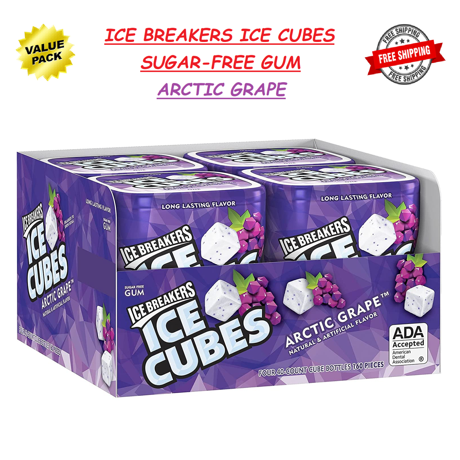 ICE BREAKERS ICE CUBES Arctic Grape Flavor, SugarFree Gum, 40 Pieces