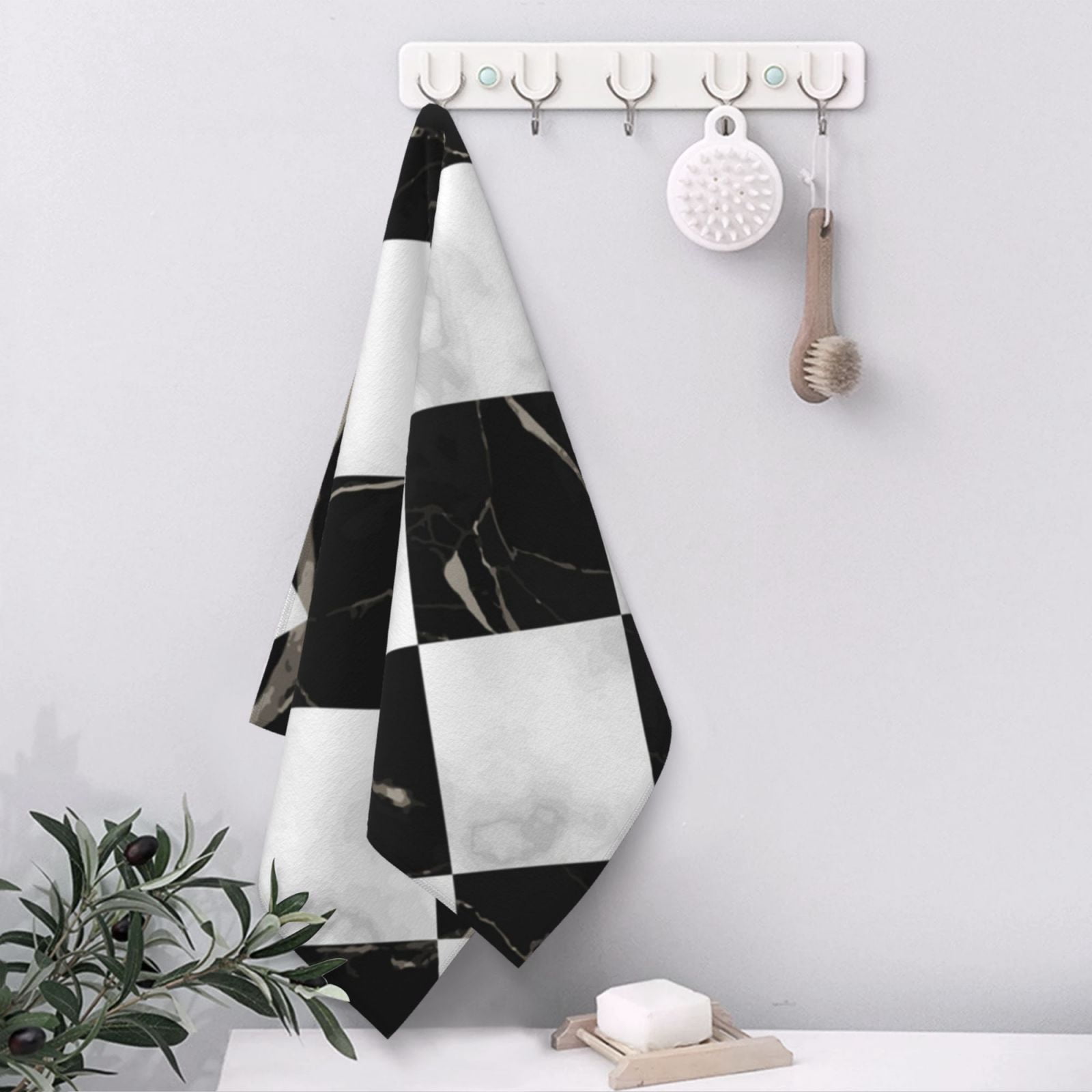 Marble Check Diagonal Black White 27.5" x 16" Ultra Soft Hand Towel, Face Wash Cloth for Bathroom, Gym, Travel, Pool