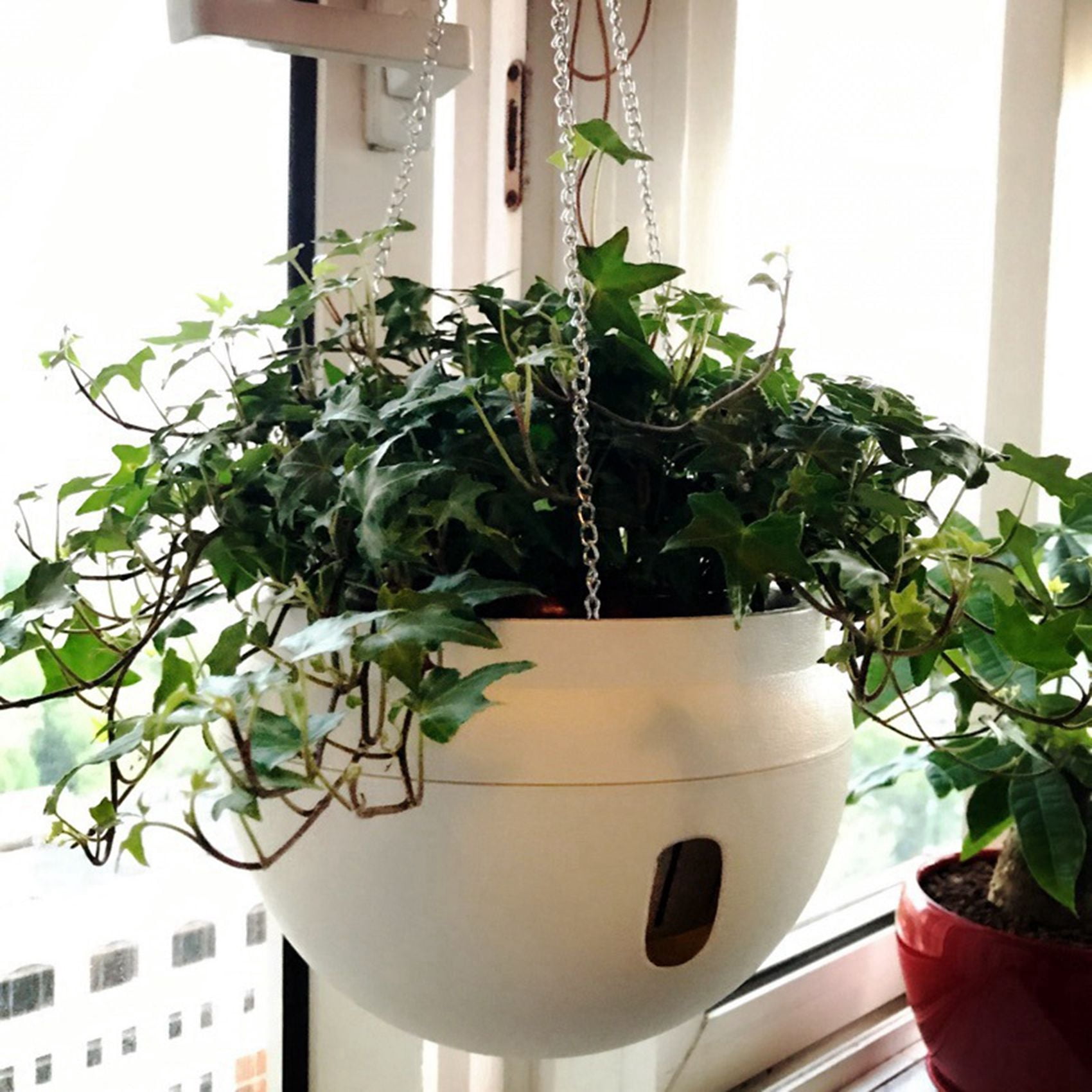 4Pcs Plastic Hanging Planter Self Watering Basket with Hooks, Hanging Flower Pot with Detachable Base White