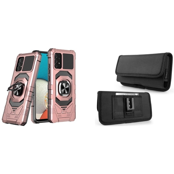 Case with Belt Holster Bundle for Samsung Galaxy A53 5G: Heavy Duty Shield Cover (Rose Gold) and Rugged Denim Nylon Phone Pouch (Grey)