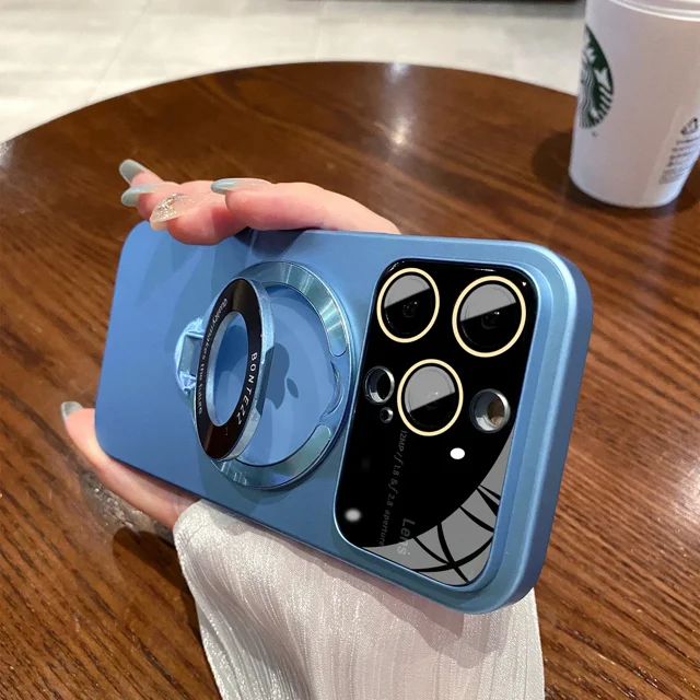 Fliping Bracket for Magnetic 2in1 Case for iPhone 15 16 ProMax 11 12 13 14 Pro Max 16 Plus Large Window Lens Protection PC Cover PeakBlue 12Pro