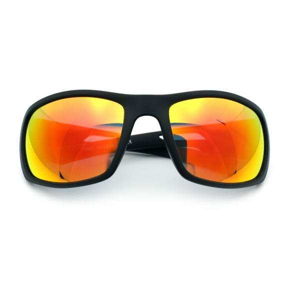 Mens Matte Classic Rectangular Wrap Around Biker Plastic Sunglasses Black - Orange Mirror