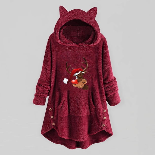 Puntoco Mujer Casual Navidad Impresión Felpa Botones Manga Larga Con Capucha Felpa Abrigo top Selecciones Flash Puntoco Puntoco-5417