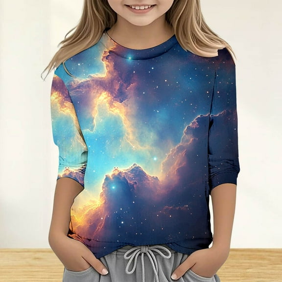 SNKSDGM Girls Shirts for Girls 12-14 Tops for Teens Girls 14-16 Girls' Seve Quarter Sleeved Star Print T Shirt Top Comfortable with Casual Shirt 6-7 Years