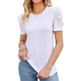 thumbnail image 2 of Women's Short Sleeve Summer Top Crewneck Pleated Puff Sleeve Blouse Ribbed Casual Shirts,White M, 2 of 6