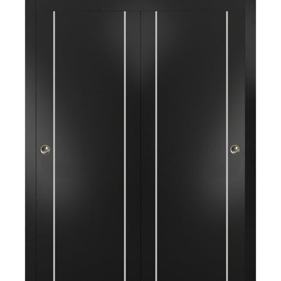Sliding Closet Bypass Doors 36 x 80 inches | Planum 0410 Matte Black with Frosted Glass | Sturdy Rails Moldings Trims Hardware Set | Wood Solid Bedroom Wardrobe Doors