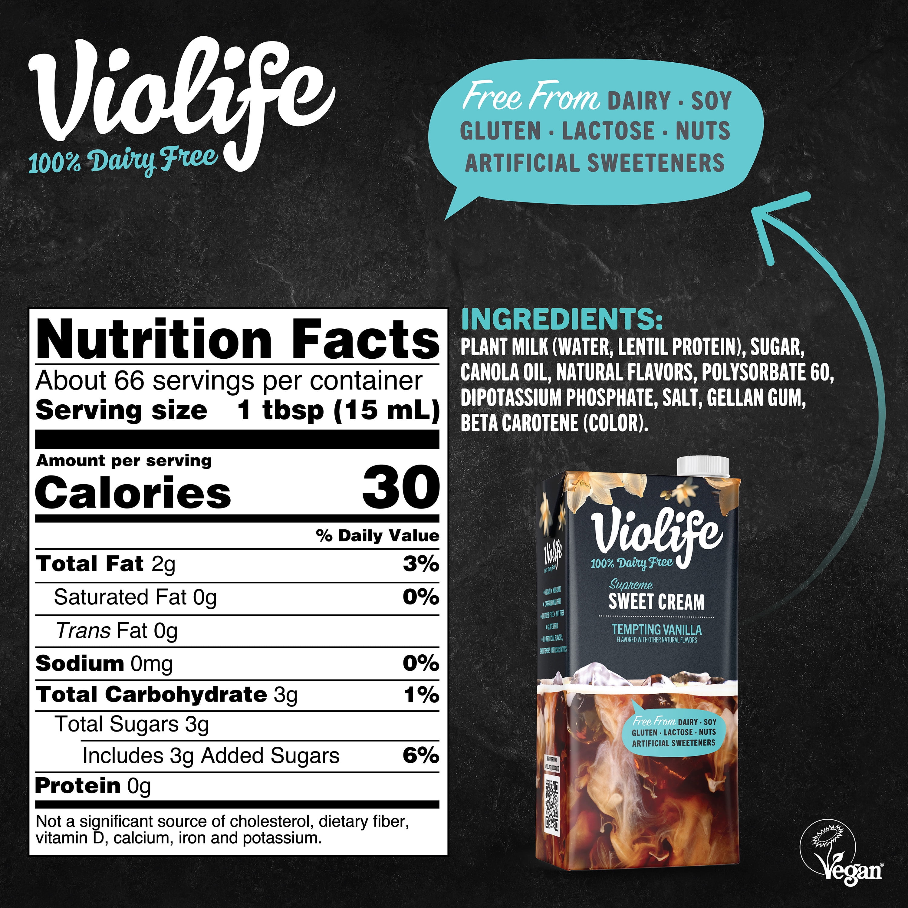 Violife Supreme Sweet Cream Vanilla Coffee Creamer, Dairy-Free, 1L (33.8oz)
