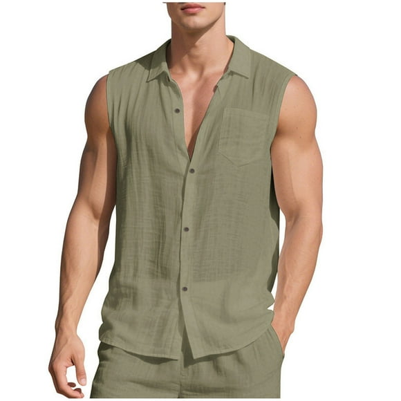 hotojiny Mens Shirts Big and Tall Sleeveless Button down Summer Tops with Pocket Comfortable Basic Solid Color Beach Vaction Clothes