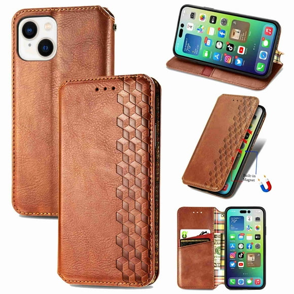 Dteck Wallet Case For Apple iPhone 14, Premium PU Leather Flip Folio Case RFID Blocking Card Slots Magnetic Closure and Stand Case, Brown