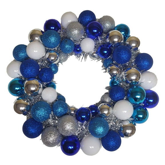 16" Artic Ball Wreath with Battery Powered Pure White LEDs