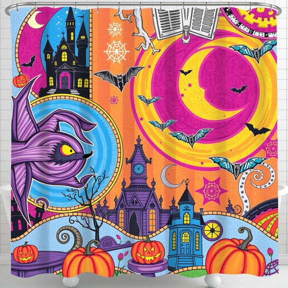 Vibrant Halloween Shower Curtain - Colorful Patchwork with Purple Bat & Spooky Motifs