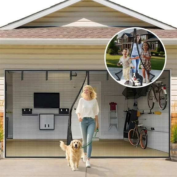 16x7ft Garage Door Screen for 2-Car Garage – Upgraded PET Mesh, Heavy-Duty Weighted Bottom & Magnetic Closure – Hands-Free Entry, Easy Install, Windproof Design, Black