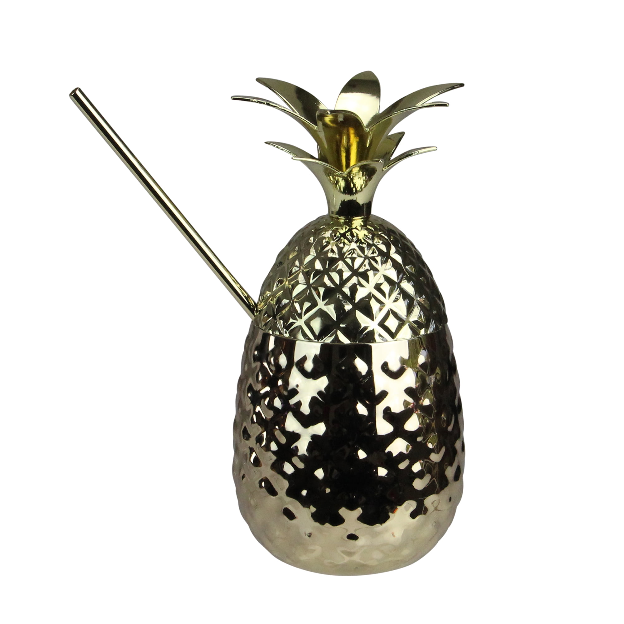 24 oz Plastic Sparkling Gold Pineapple Party Cup with Lid & Bamboo Straw $5 Ea. 