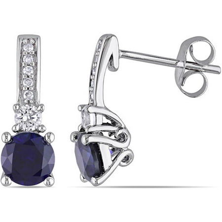 1-1/3 Carat T.G.W. Created Blue and White Sapphire with Diamond-Accent 10kt White Gold Drop Earrings