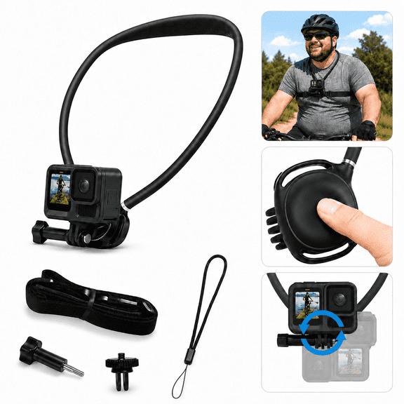 Neck Mount with Air Cushion, 1.5M Adjustable Chest Strap, Hands-Free POV Vlogging Neck Holder for GoPro Hero 13 12 11 10 9, DJI Osmo Action 6/5 Pro/4/3, Insta360 X5/X4/Ace Pro 2, Quick Release