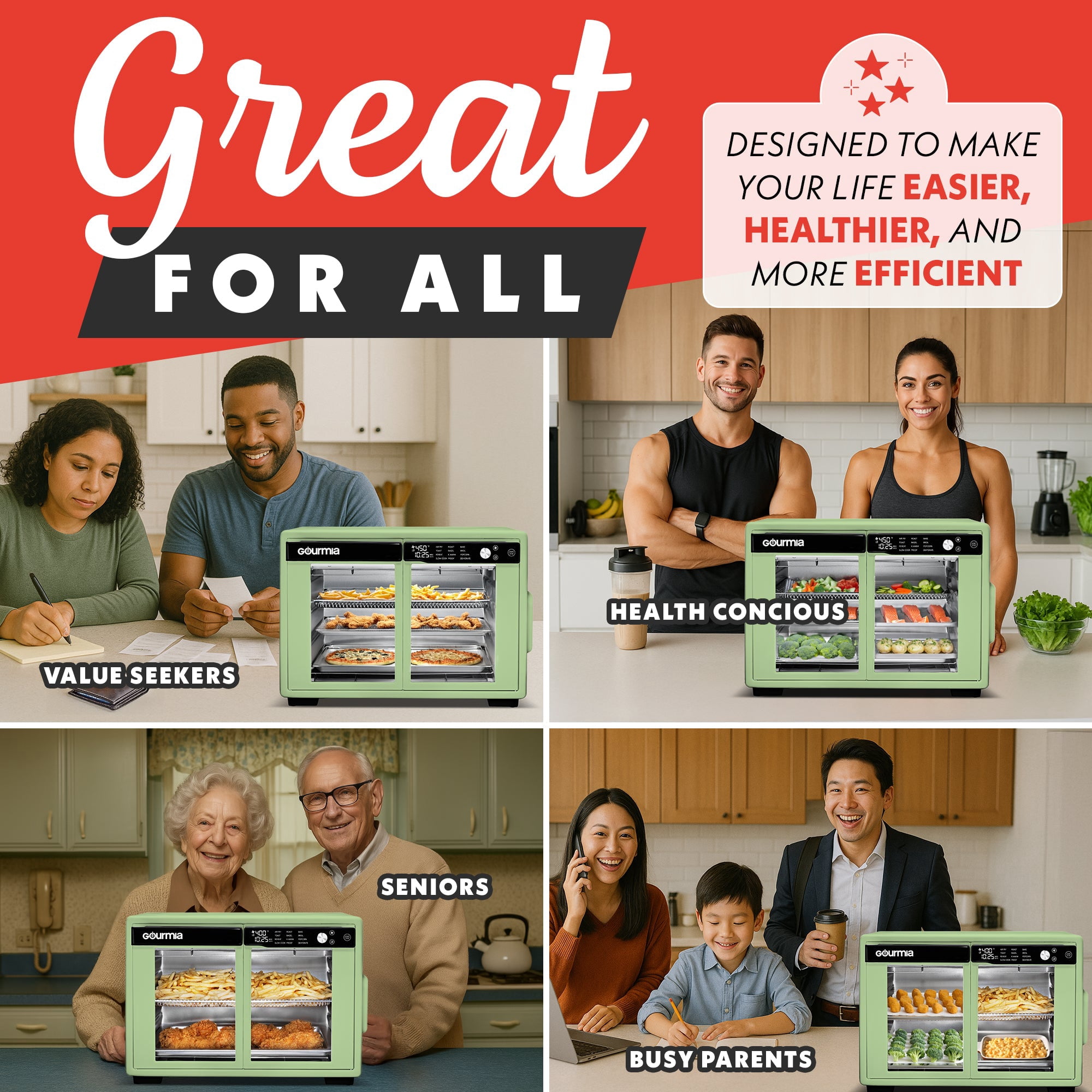 Gourmia Air Fryer French Door Toaster Oven - 9 Slice Capacity, 12 Presets, Green