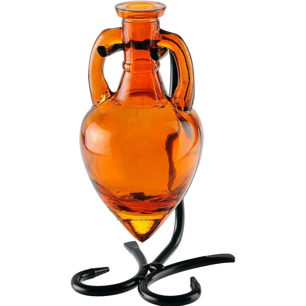 couronne company m40520008 amphora recycled glass vase & metal stand, 7", orange, 1 piece