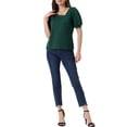 thumbnail image 2 of INSPIRE CHIC Women's Asymmetrical V Neck Loose Fit Casual Puff Short Sleeve Blouse S Dark green, 2 of 6