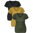 thumbnail image 2 of Essential Basic Women's Short Sleeve T Shirt V Neck Tee Value Set (3Pk, Black, Mustard, Olive, Medium), 2 of 5