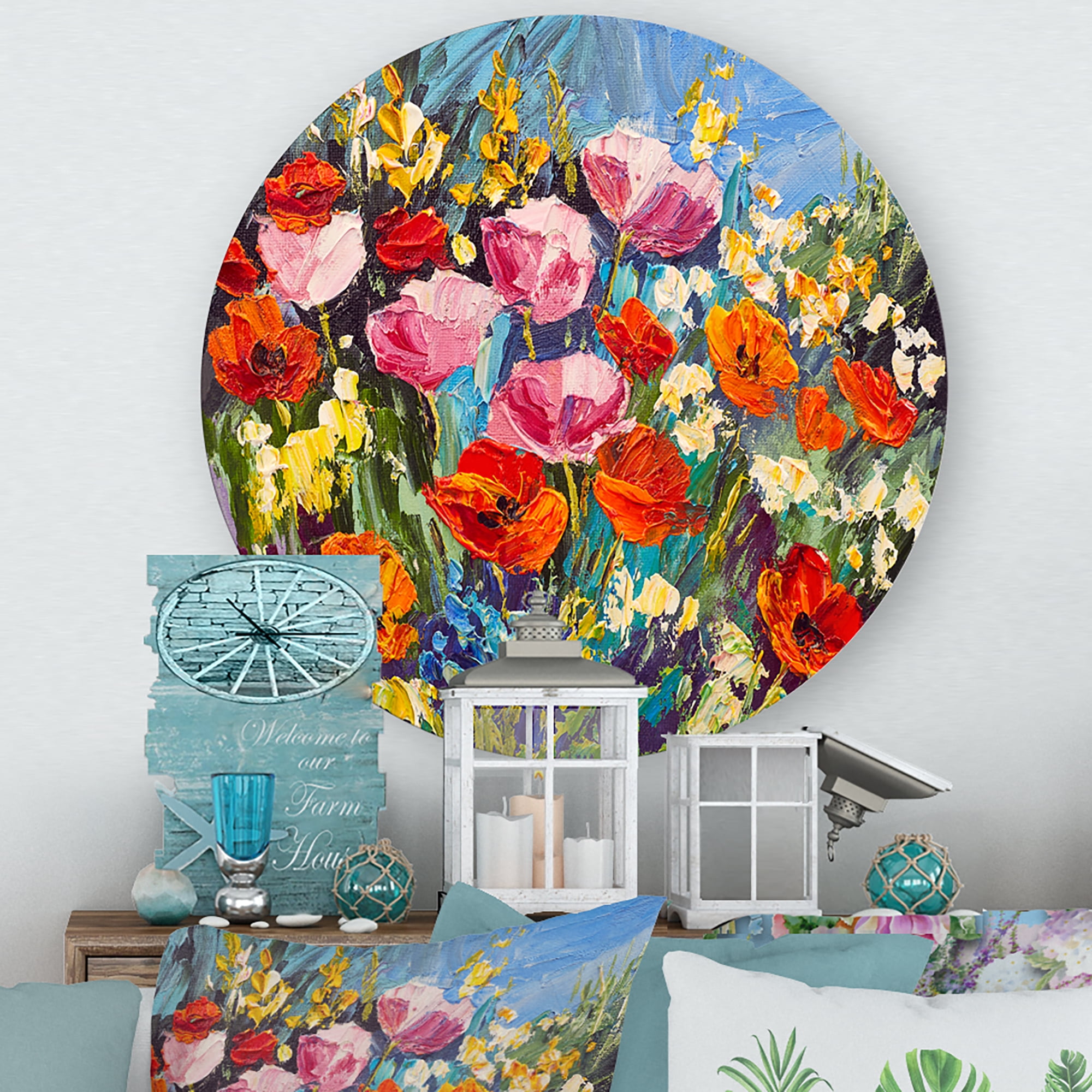 Designart 'Colorful Spring Poppies In Field' Traditional Circle Metal Wall Art 23x23 - Disc of 23