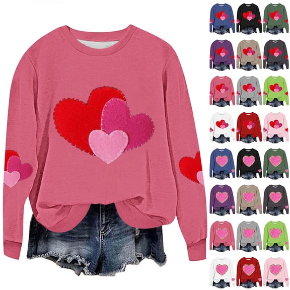JTZGDY Plus Size Womens Valentine Tops Long Sleeve Cute Heart Pattern Print Long Sleeve Crewneck Pullover Sweatshirts Trendy Holiday Graphic Gift Tees Shirt A-Hot Pink S