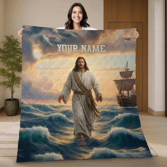 Personalized Jesus Walking On Water Quilt Blanket, Custom Religious Quilt with Your Name - Christian Inspirational Faith-Based Gift Blanket